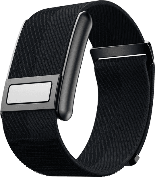 Predyqt 2: a black woven wristband with a slim dark sensor module, shown from the side.
